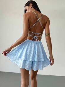 Aloruh Women's Summer Vacation Casual Spaghetti Strap Backless Romper - Blue - View 2