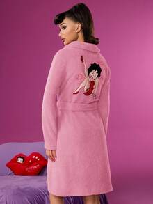 Betty Boop x SHEIN Women's Autumn/Winter Heart & Figure Embroidered Plush Robe - Pink - View 5