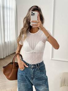 Easowa Crew Neck Heart Textured Jacquard Mesh Fabric Casual Commute Elegant Slim Fit Women Top - Black - View 5