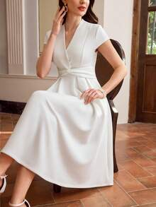 Vintamour 复古经典优雅女士连衣裙，春夏修身迷你短袖扭结下摆连衣裙，白色连衣裙 - 白色 - 查看 7