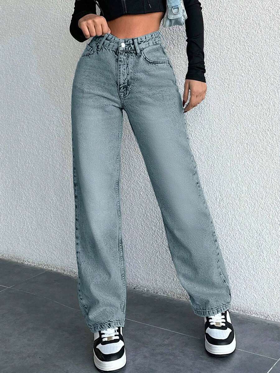 EURMUSE 女式休闲高腰直筒破洞牛仔裤 - 霧霾藍 - 查看 1