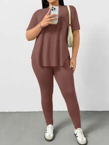 SHEIN Essnce 大码女装春夏时尚休闲运动舒适百搭显瘦日常黑色短袖T恤和打底裤两件套，裤装套装，街头风，机场穿搭，夏季女装，外出穿搭，Y2K风格，极简风，女士教堂着装 - 摩卡棕 - 查看 5