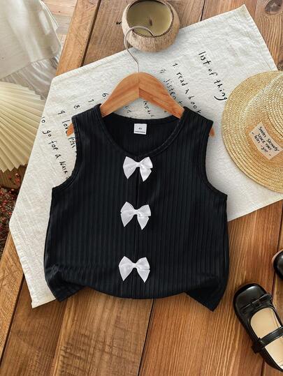SHEIN Young Girl Black Sleeveless Top With White Bow Collar