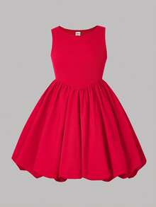 SHEIN Tween Girl Tween Girl Cute Pink Knitted Sleeveless Romper For Summer Baby Red Dress Tween Girl Red Dress Red Baby Dress Baby Ruffle Dress Baby Christmas Dress Baby Summer Dress - Red - View 3