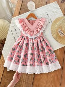 SHEIN 少女碎花V领荷叶边下摆休闲连衣裙 - 彩色 - 查看 4