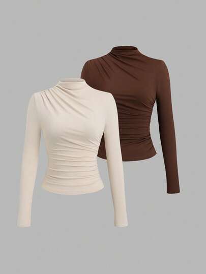 SHEIN PETITE 2pcs/Set Solid Color Turtleneck Pleated Slim Fit Long Sleeve Undershirt, Apricot + Coffee, Suitable For Spring And Autumn