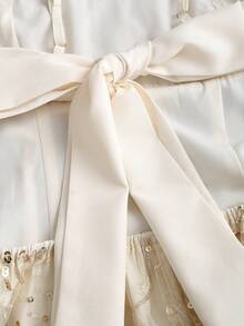 Sweetra Elegant Girl Sequin Dress, A-Line Design, Waist Cinching, Slim Fit, Romantic French Style, Bow Accent, Summer - Apricot - View 3