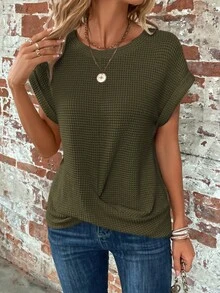 SHEIN Clasi 大码女式夏季休闲日常通勤度假简约纯色蝙蝠袖华夫格面料宽松T恤 - 軍綠色 - 查看 7