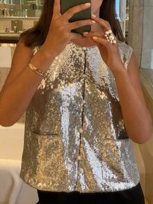 DAZY Women's Casual Sleeveless Round Neck Vest With Large Pockets - Silver - View 3