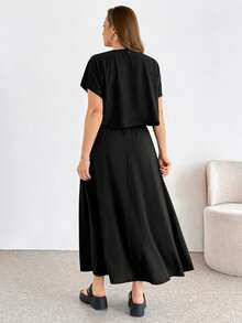 Shapeblank Bộ đồ nữ cỡ lớn mùa xuân/hè, kiểu dáng thường ngày, rộng rãi, co giãn, thoải mái, cơ bản, giúp tôn dáng, gồm áo tay ngắn và chân váy dài eo chun, màu đen, hai mảnh, trang phục mùa hè, kiểu dáng đơn giản, trang phục đi nhà thờ. - Màu Khaki - Xem 2