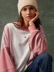WESTFADE Áo sweatshirt tay dài cổ tròn dáng rộng, chất liệu French Terry, phối sọc nhiều màu, thích hợp cho mùa xuân, nghỉ dưỡng, hè, kỳ nghỉ xuân, lễ hội, thường ngày, dễ thương, phong cách Boho, Nashville, trang phục đi xem hòa nhạc đồng quê, trang phục miền Tây cho nữ, kỳ nghỉ, bãi biển, phong cách cao bồi ven biển. - Hồng - Xem 7
