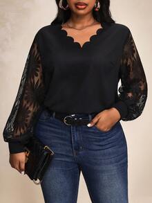 Truni Women Plus Size V-Neck Patchwork Sunflower Lace Splicing Ruffle Sleeve Blouse, Spring, For Pear Triangle Body Shape - Black - View 8
