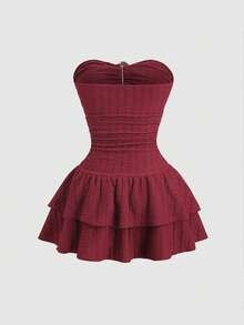Sweetra Women's Sexy Burgundy Strapless Metal Buckle Ruched Ruffle Hem Mini Dress,Valentines Day Dress, Birthday Dresses For Women ,Red Dresses Bustier Dress