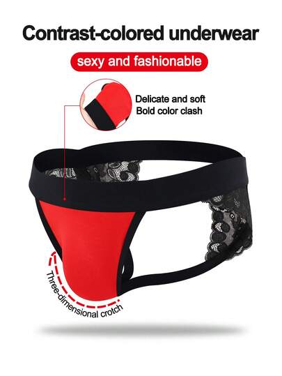 Fashionable Alluring Bright Red & Black Lace Waist Sexy Men's Underwear