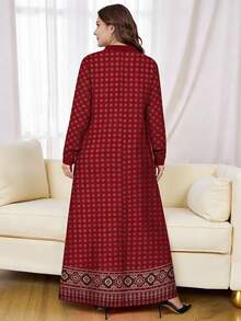 SHEIN Najma Đầm dài tay cổ cài cúc, họa tiết hình bầu dục, dáng rộng, thanh lịch dành cho nữ cỡ lớn, thích hợp cho mùa xuân/thu. - Nhiều màu - Xem 2
