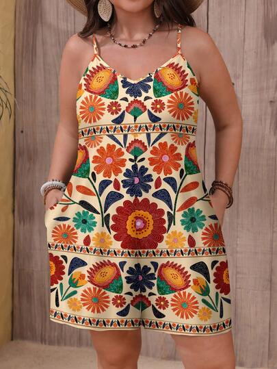 EMERY ROSE 大码女式印花无袖连体裤，适合度假、下午茶、婚礼季、海滩游轮、城市公路旅行、音乐节、海滩装扮、复活节、海滩、优雅、音乐会、休闲、夏季等场合