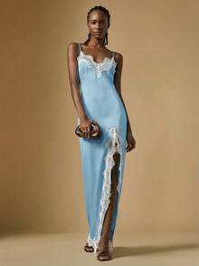 Briarwyn Women's Open Shoulder Spaghetti Strap Blue Lace Patchwork High Slit Hem Dress, Summer Dresses For Women, Summer Outfits, Summer Outfits For Women, Spring Dress Women, Valentine Outfits For Women, Elegant Party Dresses For Women, Beach Outfit, Wedding Guest Dress For Women , Wedding Party Dress - Baby Blue - View 11