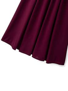 SHEIN Elenzya Đầm dự tiệc dáng lửng màu trơn dành cho nữ cỡ lớn, tay ngắn, cổ bất đối xứng, eo thắt, trang trí kim loại, kiểu dáng cổ điển thanh lịch, dài đến đầu gối. - Màu Đỏ Sâu - Xem 3