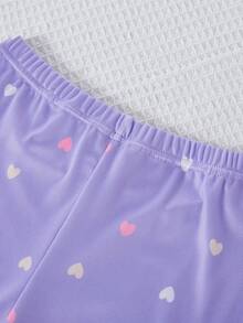 Conjunto de pijama informal y lindo para niñas con top de manga corta con estampado de corazón y leggings - Azul - Ver 8