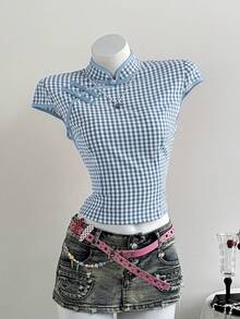 Elamini Red & White Plaid Contrast Button Mandarin Collar Side Slit Waist Cinched Short Sleeve Blouse, Women's Autumn/Winter Fashion, Versatile For Commute, Minimalist, Vintage Academic, Teacher, Elegant Daily Wear, Dates - Blue - View 3