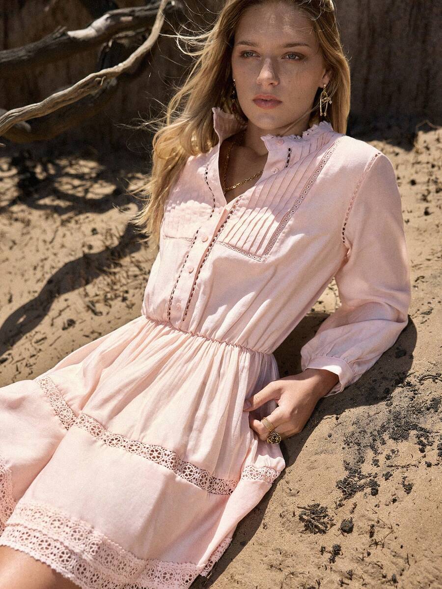 MOTF STUDIO WOMEN'S TENCEL & LINEN PATCHWORK LACE TRIM ELASTIC WAIST SHORT DRESS