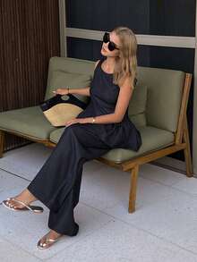 DAZY Women's Round Neck Sleeveless Ruffle Hem Denim Top And Loose Straight Leg Jeans Casual Suit - Dark Grey - View 4