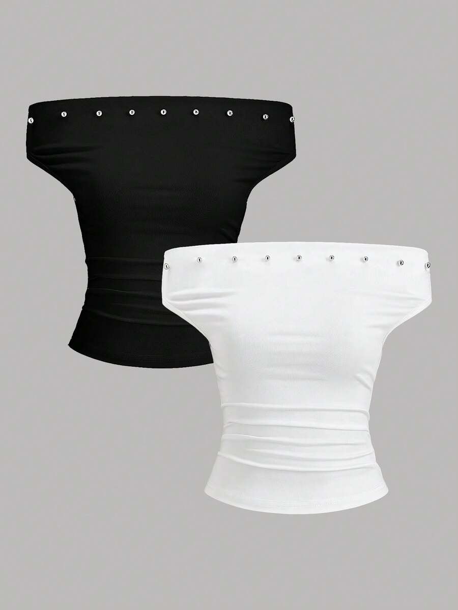 Sweetra 女士时尚高街风斜肩修身休闲舒适T恤套装，春夏款 - 彩色 - 查看 1