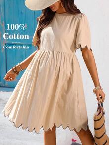 SHEIN Maternity Casual Round Neck Short Puff Sleeve Curved Hem Dress - White - View 7