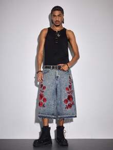 ROMWE MEN Street Life Quần short denim nam thêu hoa và đính đá. - Màu xanh lam - Xem 8