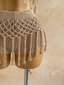 Soleia 新款女士度假两件套，针织纹理流苏迷你连衣裙，性感装扮，适合派对、约会、海滩度假、夏季穿搭、假日约会、下午茶、婚礼季、海滩邮轮度假、城市自驾游度假、波西米亚风度假、音乐节等场合。 - 卡其色 - 查看 7