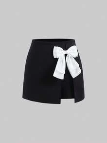 SHEIN Váy quần kiểu dáng thành thị dành cho bé gái tuổi teen, trang trí nơ, thời trang và đa năng cho mọi dịp. - màu đen - Xem 10