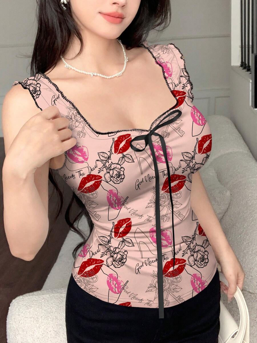 Modelyn Lip Print, High Heel & Rose Flower Graffiti Print Summer Fashion Tie-Up Bow Knot Fitted Bodycon Tank Top For Women - Multicolor - View 1