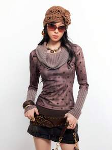 Bloopia 女士Y2K波点印花长袖时尚上衣 - 駝色 - 查看 4