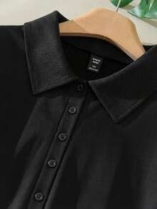 CosyJoli Plus Size Casual Black & White Contrast Color Polo Collar Bodycon Knit Dress - Black - View 4