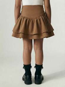 Maija Kids Maija Kids Young Girl Casual Double-Layered Skirt With Ruffle Hem & Side Tie, Great For Casual & Daily Wear & School Daily In Autumn & Winter, Mom And Daughter Matching,Sister And Me Matching - Coffee Brown - View 2