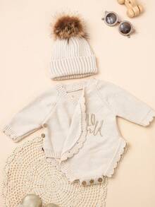 Knitted "Hello World"Embroidery Newborn Baby Romper With Matching Pom Hat Baby Announcement Bodysuit Infant Photography Props Beige Baby Coming Home Outfit Baby Boy Baby Girl Newborn Photography Outfits Boys Newborn Photoshoot Outfit Newborn Costume Hello World Newborn Outfit Newborn Knit Outfit - Apricot - View 7