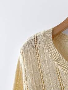 SHEIN Franclia Jersey de punto de cuello redondo de manga larga color albaricoque para mujer, capa fina y ajustada con calado, parte superior ligera para principios de otoño - Albaricoque - Ver 6