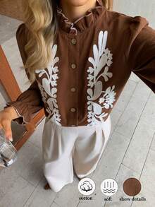 Elyressa 女士花卉刺绣喇叭袖单排扣时尚衬衫 - 棕色 - 查看 1