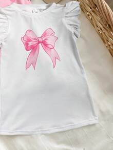 SHEIN 2件組女嬰針織圓領荷葉邊蝴蝶結裝飾休閒洋裝與連身褲套裝，粉色幼童洋裝蝴蝶結套裝，女嬰 - 彩色 - 查看 4