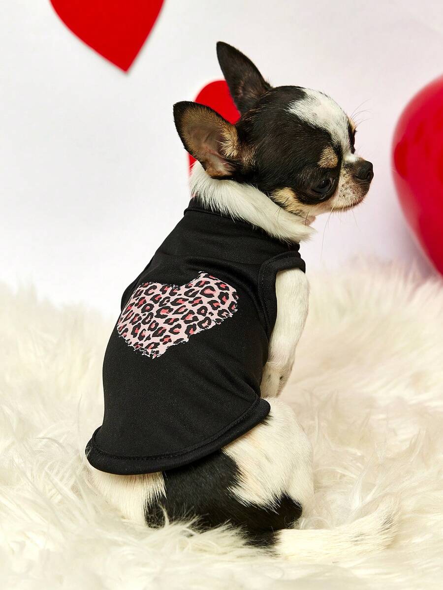 PETSIN 1pc Pink Leopard Pattern Love Valentine's Day Printed Pet Tank Top Black Sports Style Skin Friendly Breathable Summer Pet Clothes