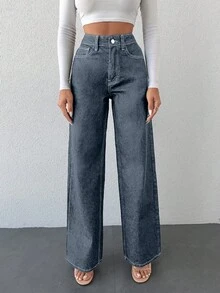 SHEIN 100%純棉斜口袋寬腿牛仔褲，小碼女款 - 霧霾藍 - 查看 4