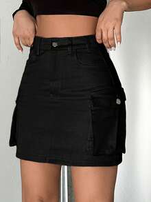 EURMUSE Falda vaquera minimalista de unicolor con bolsillos completos y detalles - Negro - Ver 3