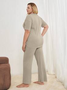 EURMUSE Plus Button Down Shirt Style 2 Piece Pajamas Set - Mocha Brown - View 2