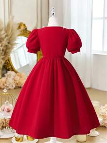 Glamorique Kids Retro Sweet Dark Red Summer Elegant Party Dress, Square Collar Pearl Decor Puff Sleeve A-Line Junior Bridesmaids Dress For Tween Girl - Burgundy - View 2