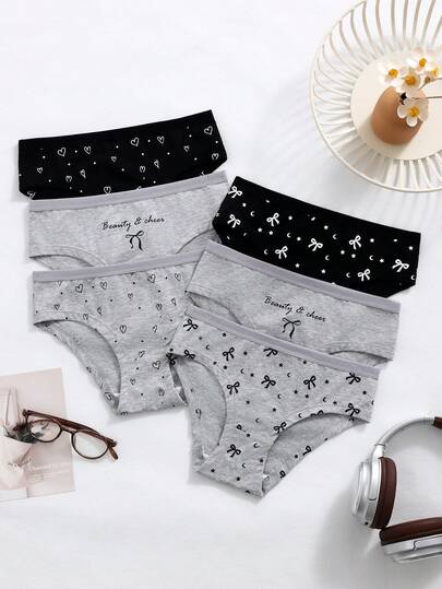 7条/包 女童爱心、星星、线条印花卡通可爱时尚内裤，适合大龄女孩