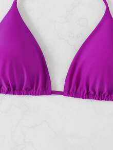 Slaydiva Top de bikini de triángulo con nudo de amarre en el cuello, unicolor, talla grande - Morado - Ver 4