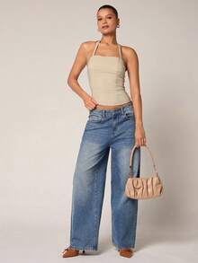 SHEIN PETITE 女士优雅性感露背系带短款吊带背心 - 杏色 - 查看 3