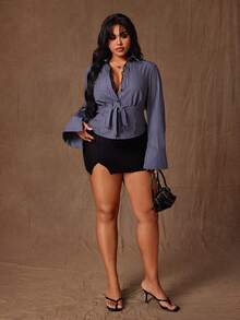 Rustia Lace Patchwork Striped Casual Long Sleeve Tie Front Shirt - Grey - View 6