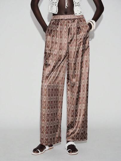 SHEIN Luminelle Pantalones anchos con estampado de rombos elegantes y de moda para mujer