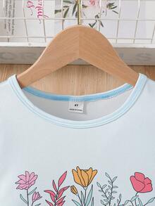 SHEIN 2件套女童碎花荷叶边上衣和短裤，夏季 - 藍色 - 查看 6